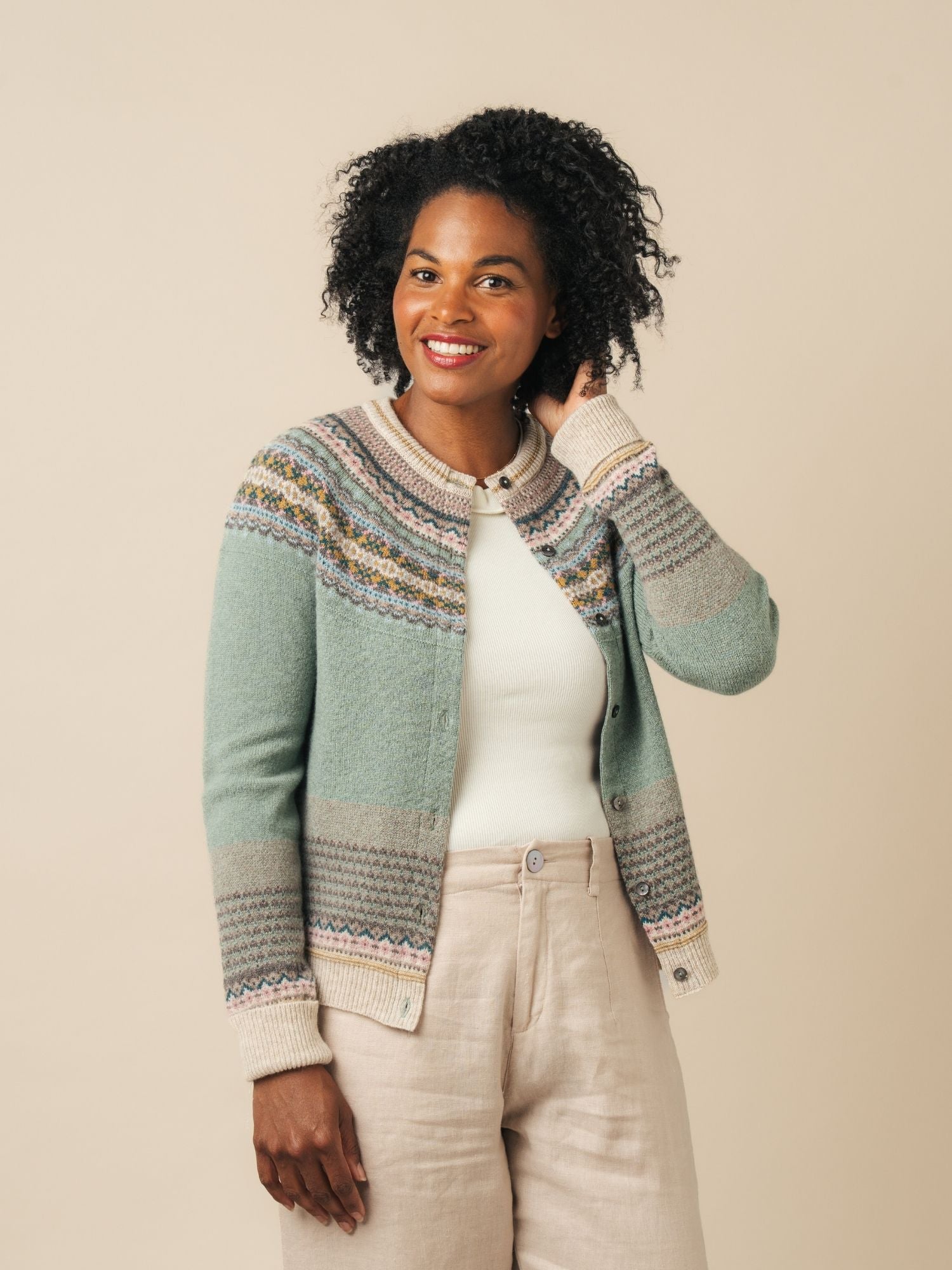 Alpine Fairisle Detailed Merino Wool with Angora Cardigan in Sage