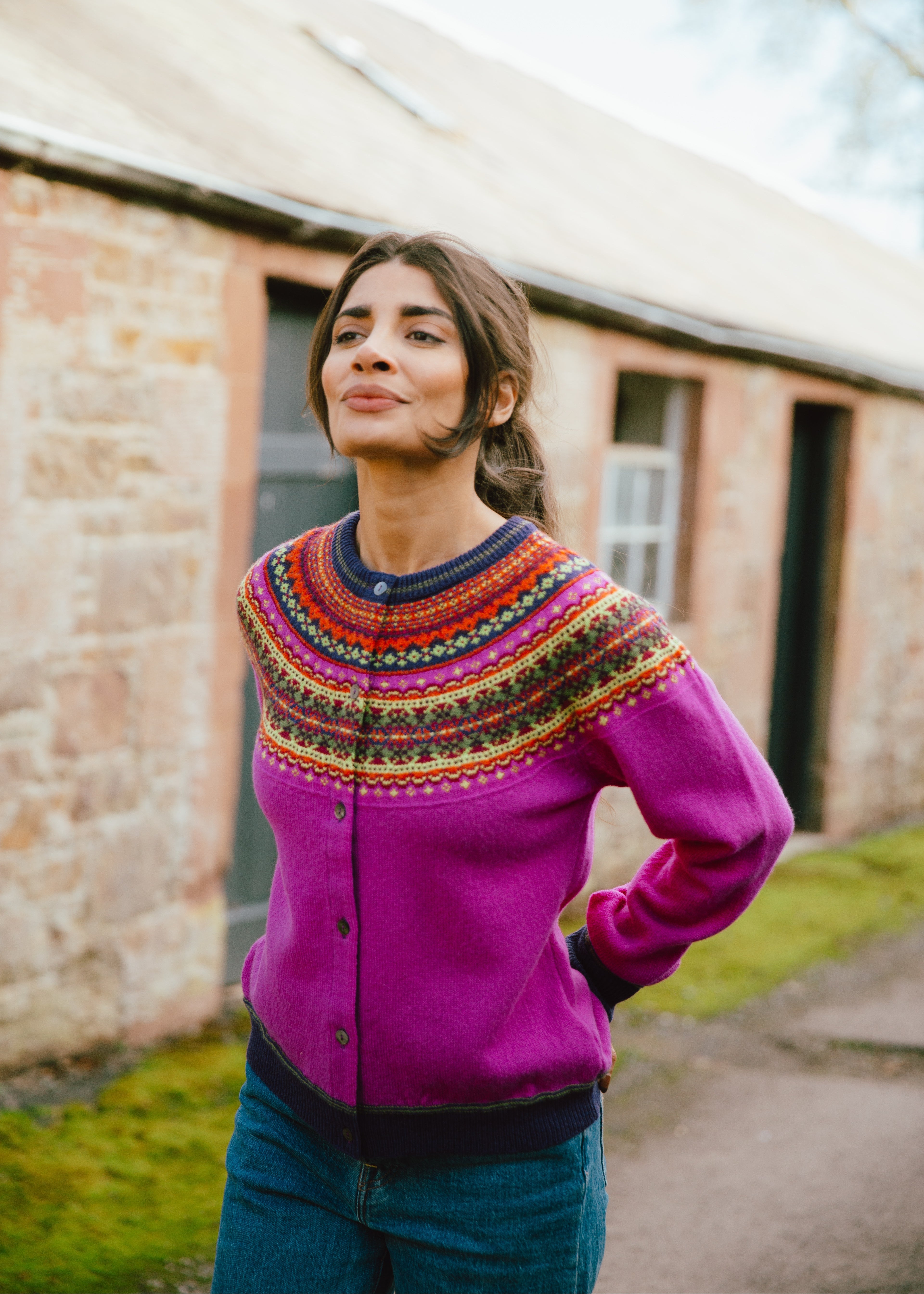 ERIBÉ Women's Alpine Short Cardigan, Fairisle Pattern, 100% Merino